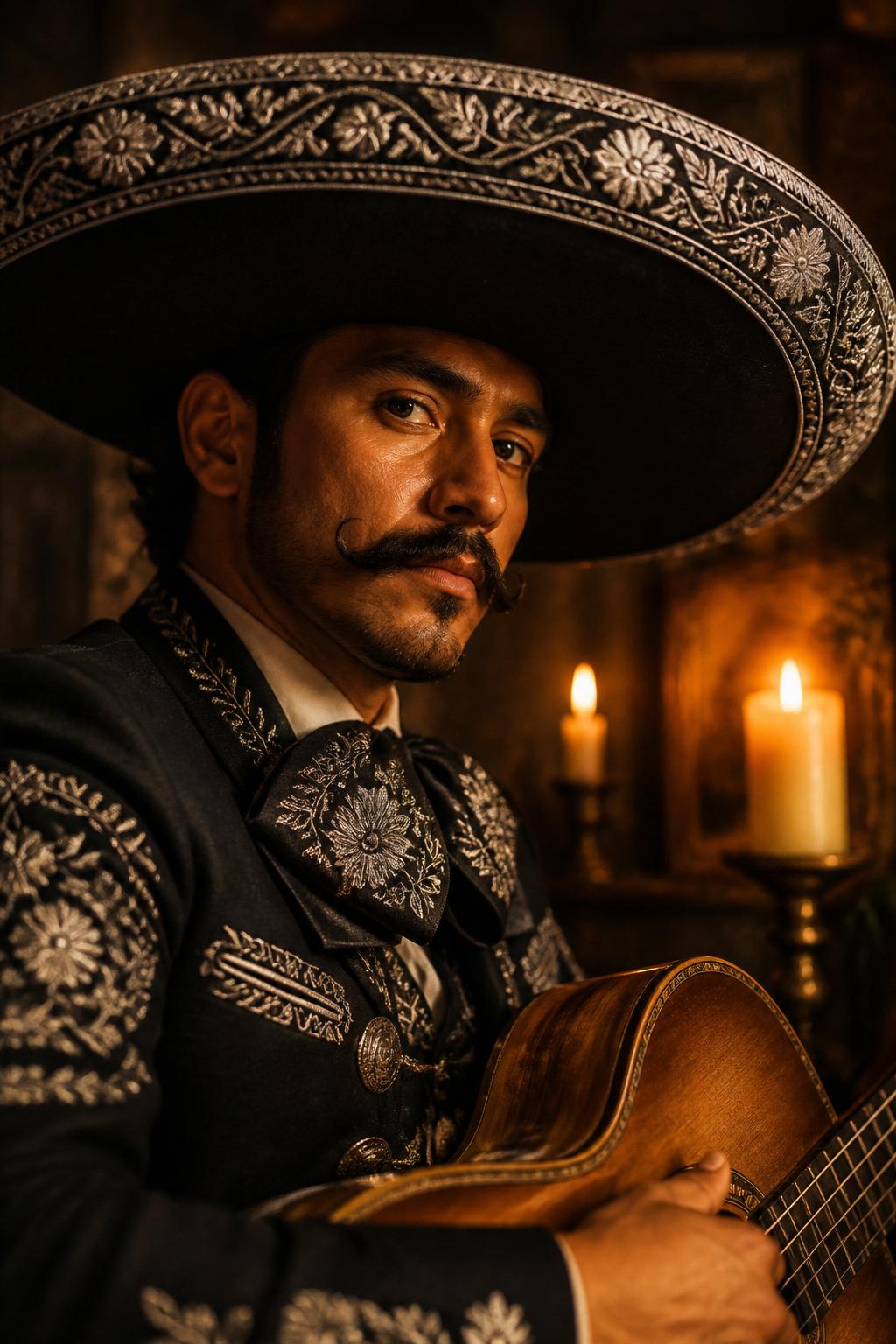 Charro cantando con guitarra a la luz de las velas